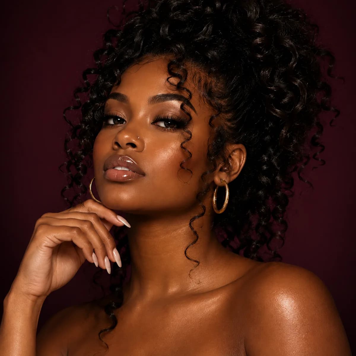 Model with defined curls, gloss lips, gold hoops and an almond manicure