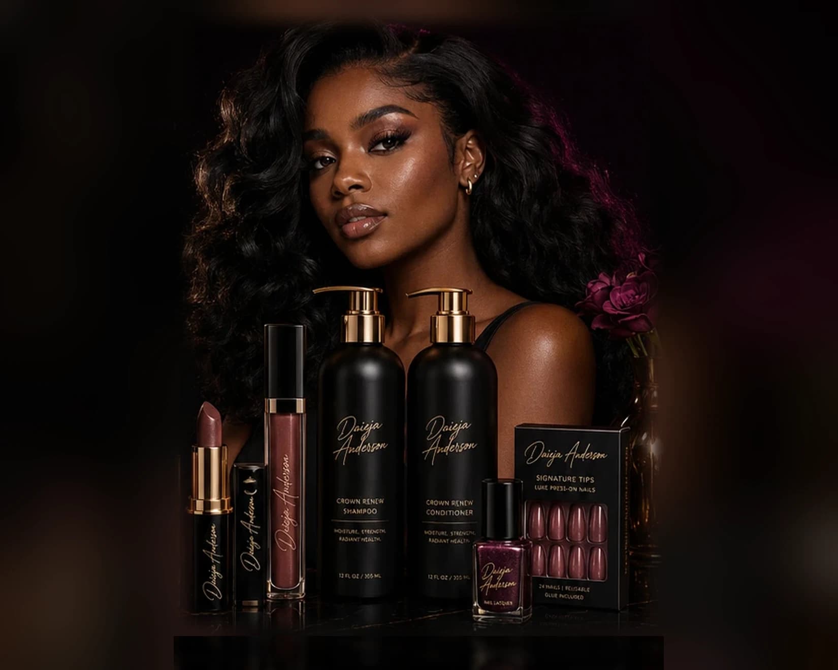 Daieja Anderson with the signature makeup, hair, nail and lip collection